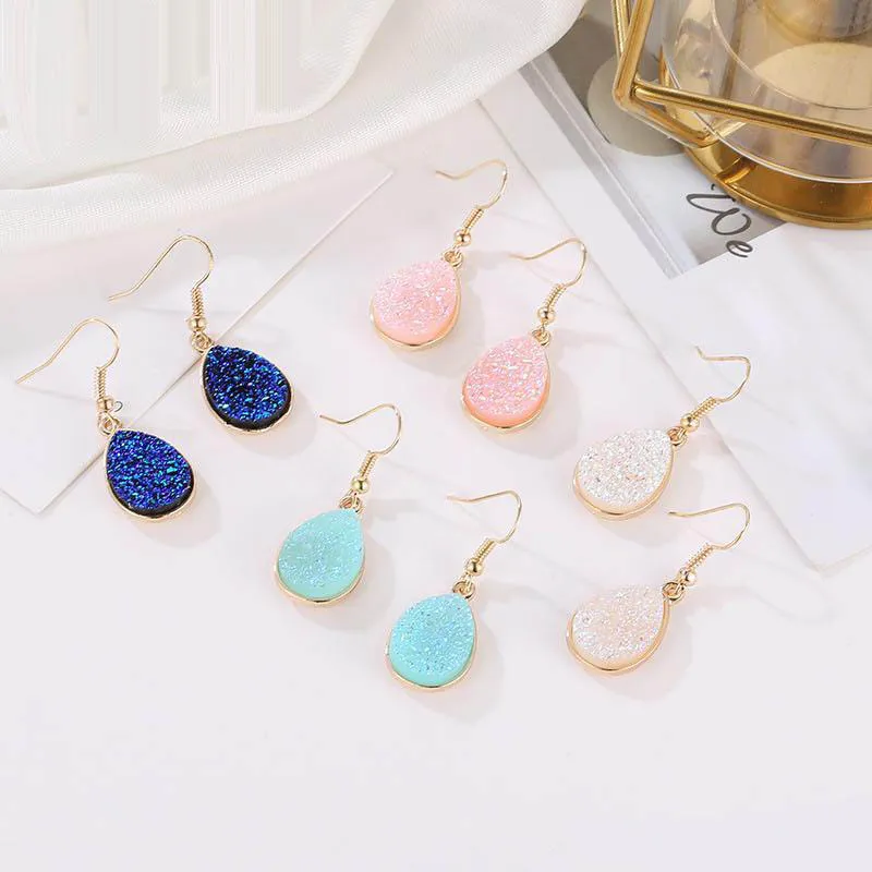 Handmade Druzy Resin Stone Earrings for Women Teardrop Drusy Dangle Earrings Gold Plating Big Hook Ear Party Jewelry Gifts