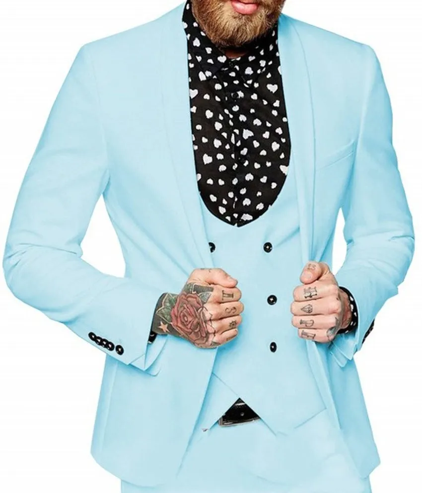 Ljusblå brudgum Tuxedos Sjal Lapel Center Vent Groomsmen Mens Bröllopsklänning Utmärkt Man Jacka Blazer 3piece Suit (Jacka + Byxor + Vest + Slips)