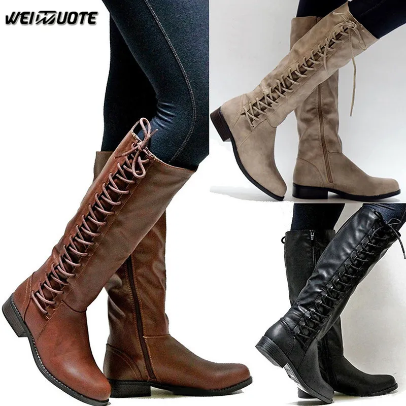 WEINUOTE Winter Womens Outdoor Riding Boots Ladies Sexy Low Heel Leather Boots Lace Up Motorcycle Over The Knee High