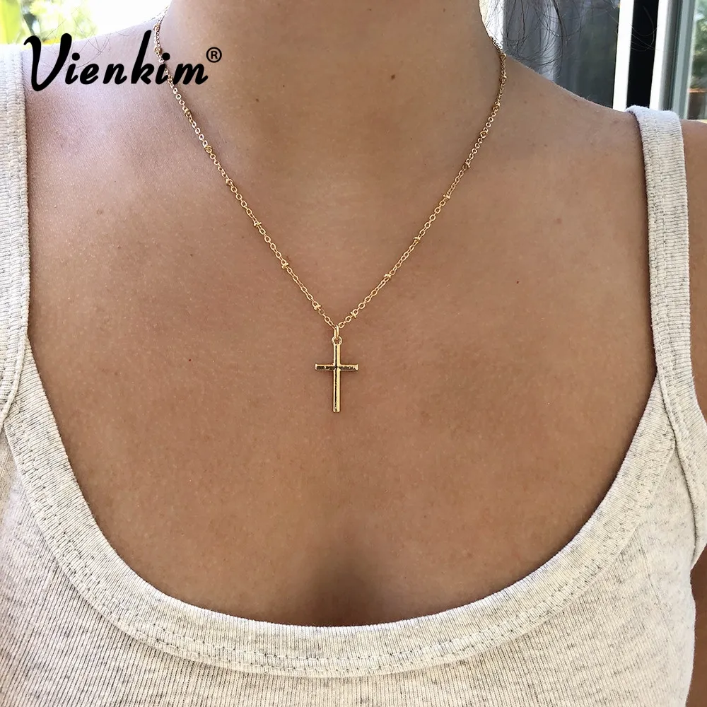 Colares pendentes Vienkim Summer Chain Cross Small Gold Cross Cross Religiosos Jóias Religiosas