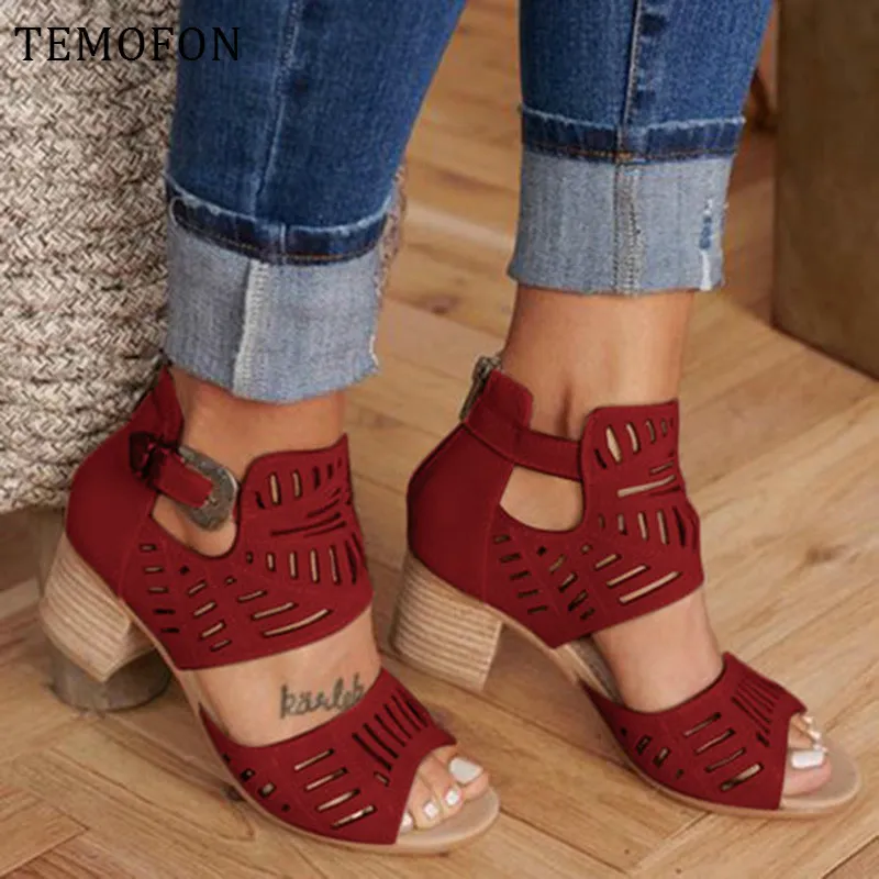 TEMOFON nuevas sandalias de mujer de moda peep toe zapatos de tacón alto sandalias de gladiador rojo negro azul zapatos de mujer sandalias mujer HVT1081 CX200613