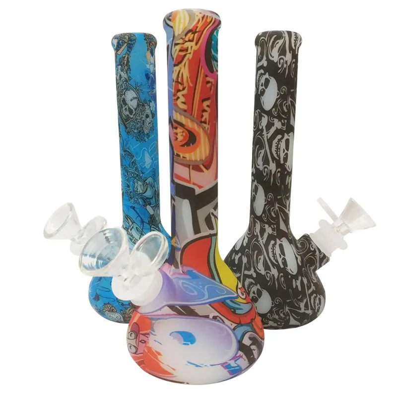 Silikon-Bong-Rohr, Wasserpfeifen, Bubbler-Becher, Rauchpfeife, Dab-Rig, 7,5-Zoll-Höhe, Druck, unzerbrechliche, trockene Kräuter-Wasserpfeife mit Glasschüssel