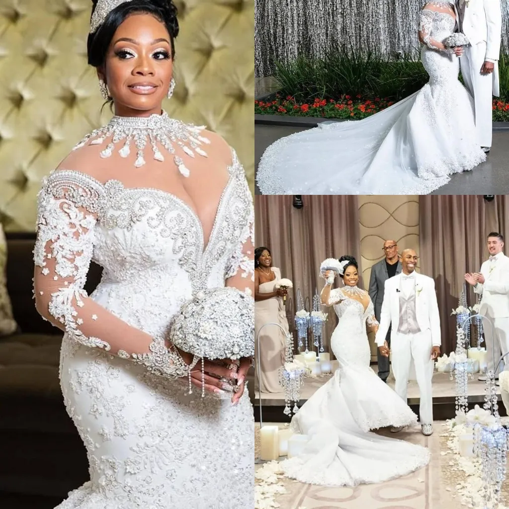 Plus Size Crystal Mermaid Wedding Dresses 2020 High Neck Sparkly Luxury