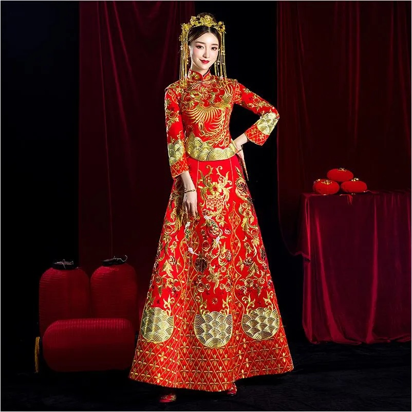 Robe de style chinois traditionnel femmes broderie royale phénix mariage cheongsam ancien mariage ethnique vêtements mariée rouge robe Qipao