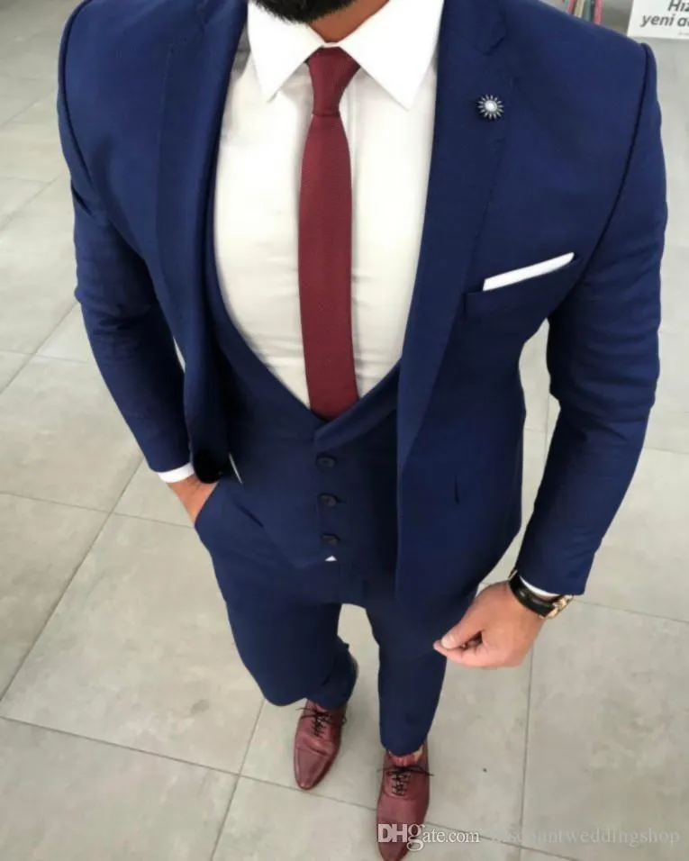 Slim Passar Groom Tuxedos One Button Blue Notch Lapel Groomsmen Bästa Man Suit Wedding Mens Passar (Jacka + Byxor + Vest + Tie) J190