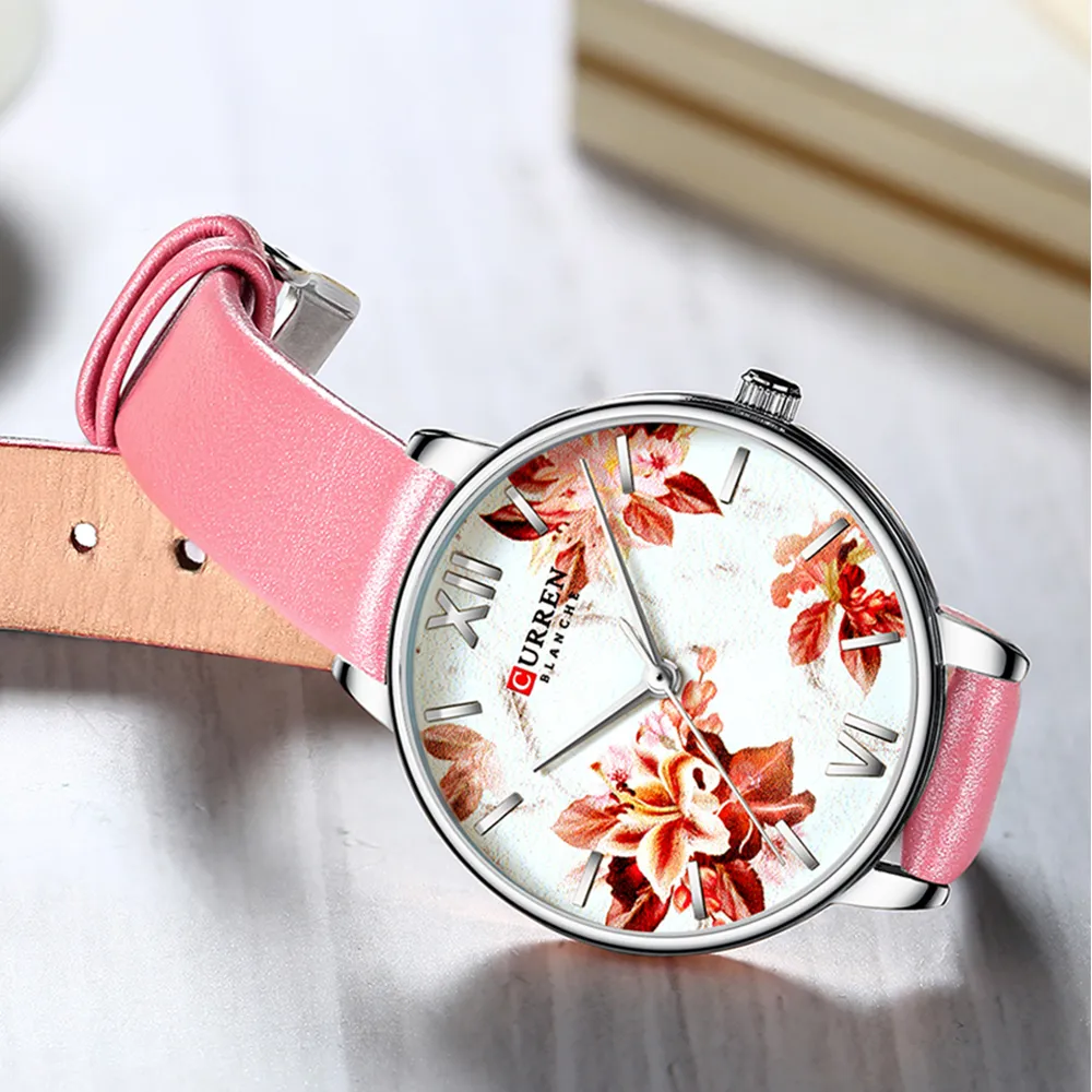 Curren skórzany pasek zegarek damski kwarcowy zegarek Piękny różowy zegarek na rękę panie