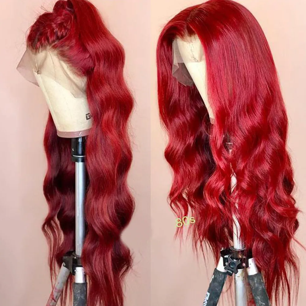 Bodywave ondulado colorido lace dianteira perucas de cabelo humano pré-definido full frontal vermelho borgonha remy peruca brasileira para mulheres negras beleza ensolarada quente