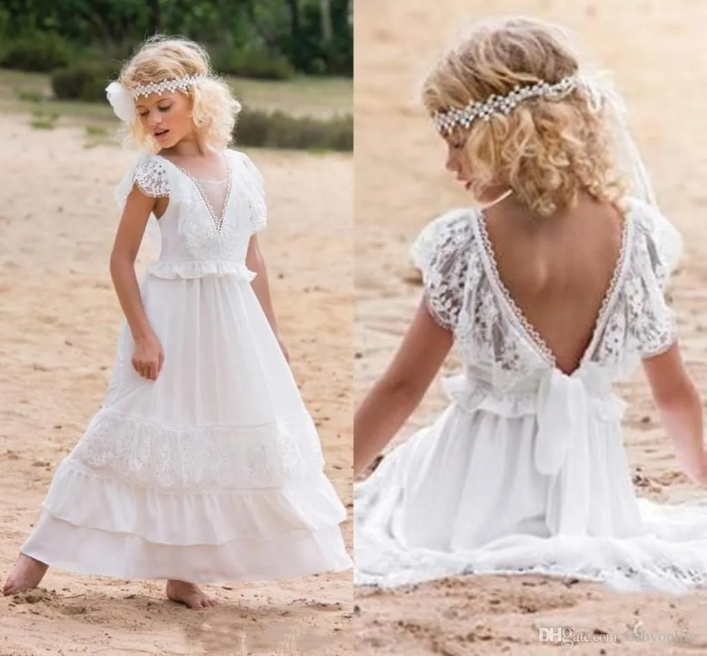 White Lovley Simple Bohemain Lace Flower Girl Dresses voor Strand Bruiloft Party Een lijn V-hals Chiffon Enkellange First Communion Jurk