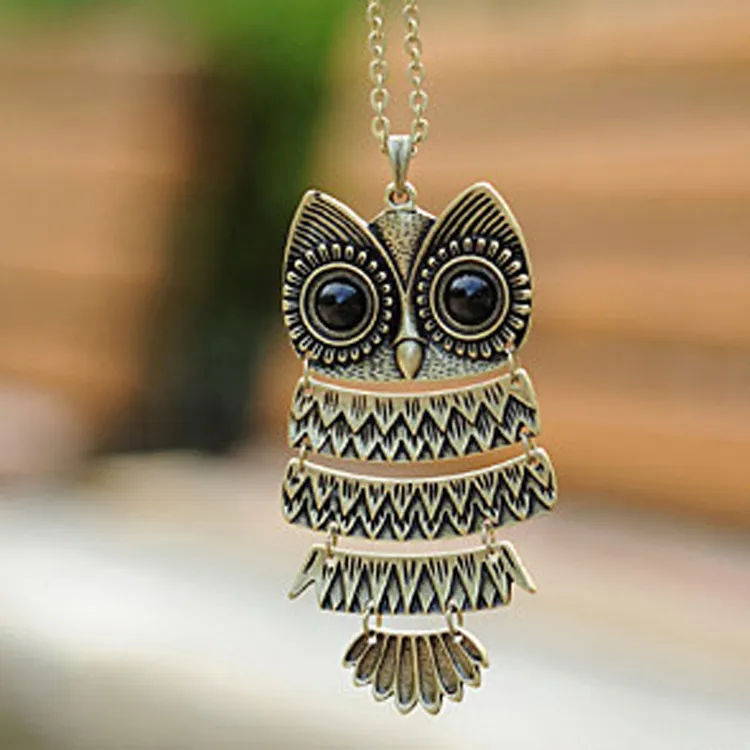 Retro Jewelry Vintage Ancient Bronze Big Eyes Owl Necklace Pendant Statement Long Chain Choker Gift