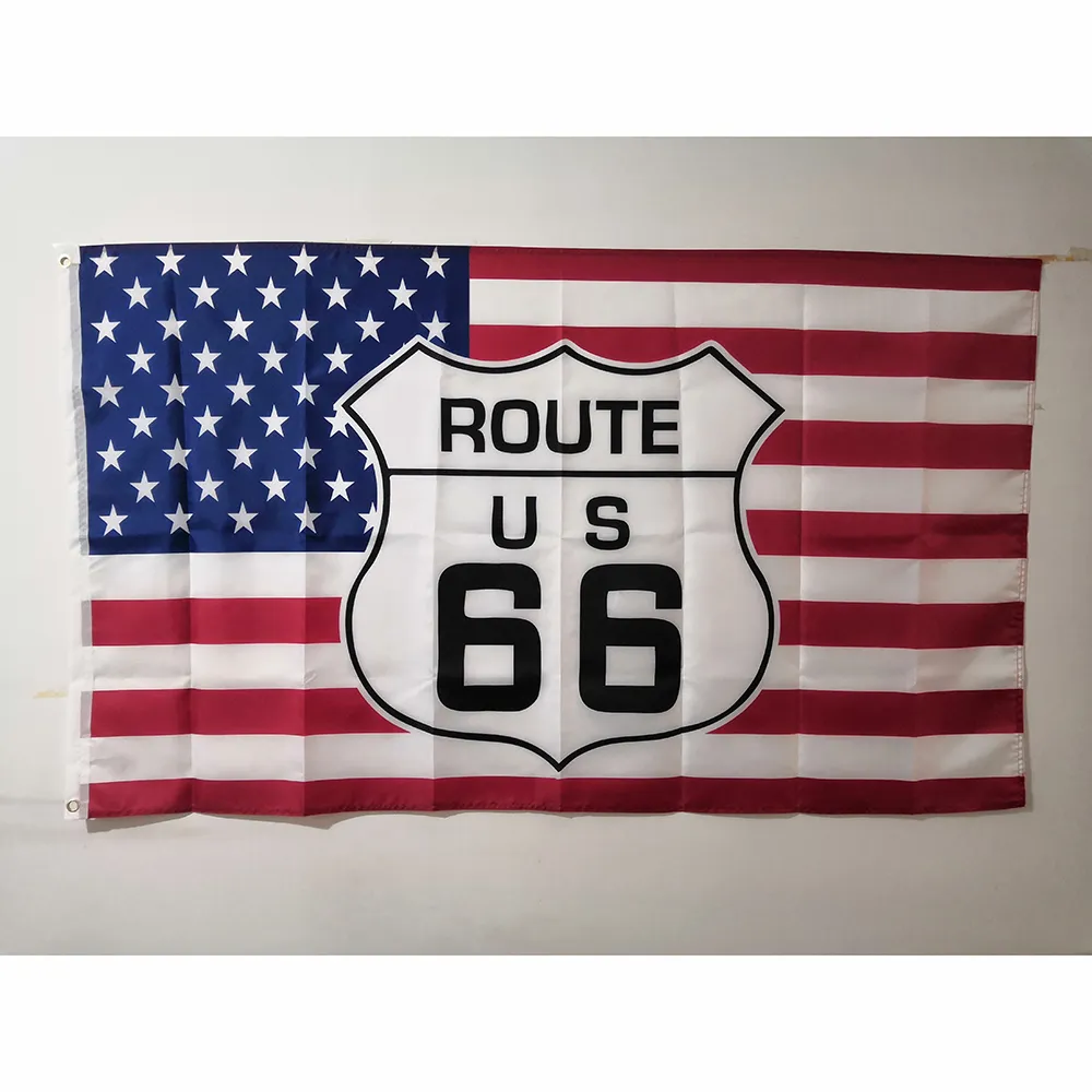 Route 66 USA Flag Banner 3x5 FT 90X150 CM Festiwal Party Prezent Sporty 100D Poliester Kryty Outdoor Drukowane flagi i Banery Latające!