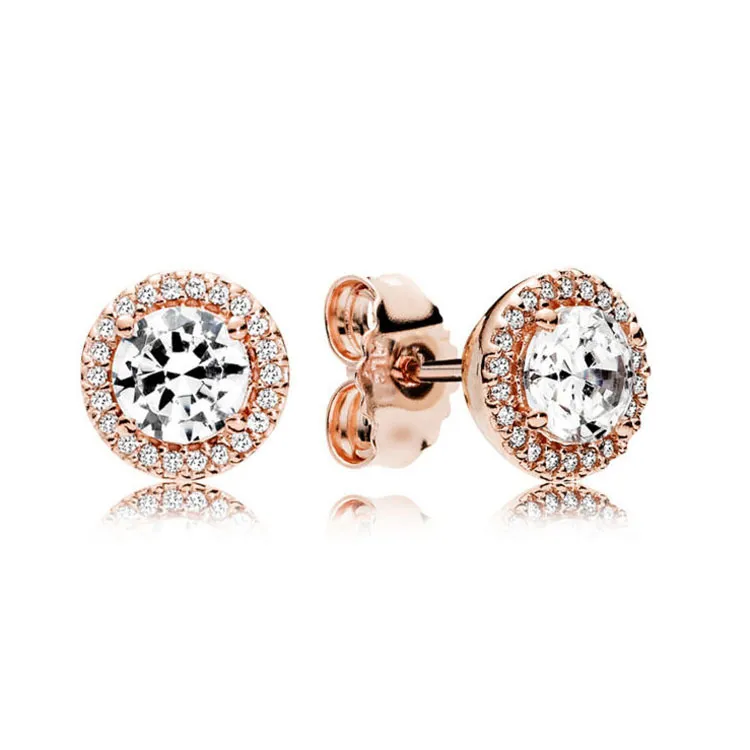 Runder glitzernder Halo-Ohrstecker, luxuriös, rosévergoldet, für kleine Pandora-Ohrringe mit CZ-Diamant für Damen und Mädchen, mit Originalverpackung