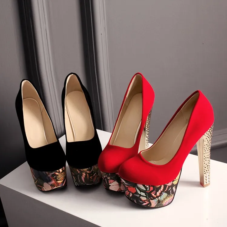 small big size 33 to 42 43 ultra high heel 15cm black red floral platform dress shoes designer pumps