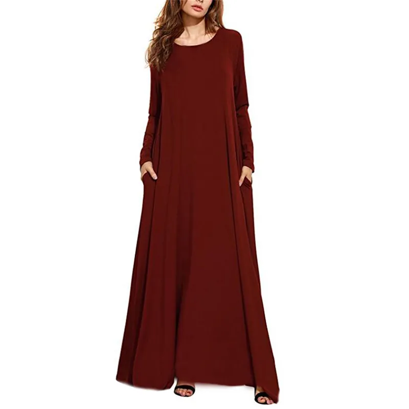 Elegant Party Dress ZANZEA Women Sexy O Neck Long Sleeve Dresses Casual Loose Pockets Solid Long Maxi Bodycon Dress Plus Size