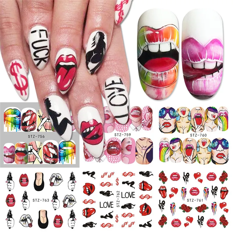 Autocollants pour Nail Art, lèvres Sexy, lettres de fille Cool, autocollants de dessin animé pour décorations d'ongles, outil de manucure, pointes colorées