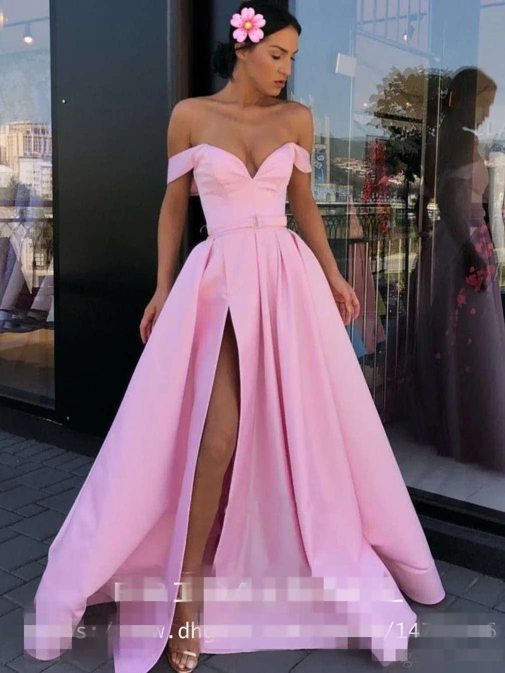 Off Sexy Pink the Shoulder Prom Dresses Side Slit High Split Satin Sash Custom Made Cheap Evening Party Gown Pageant Vestido