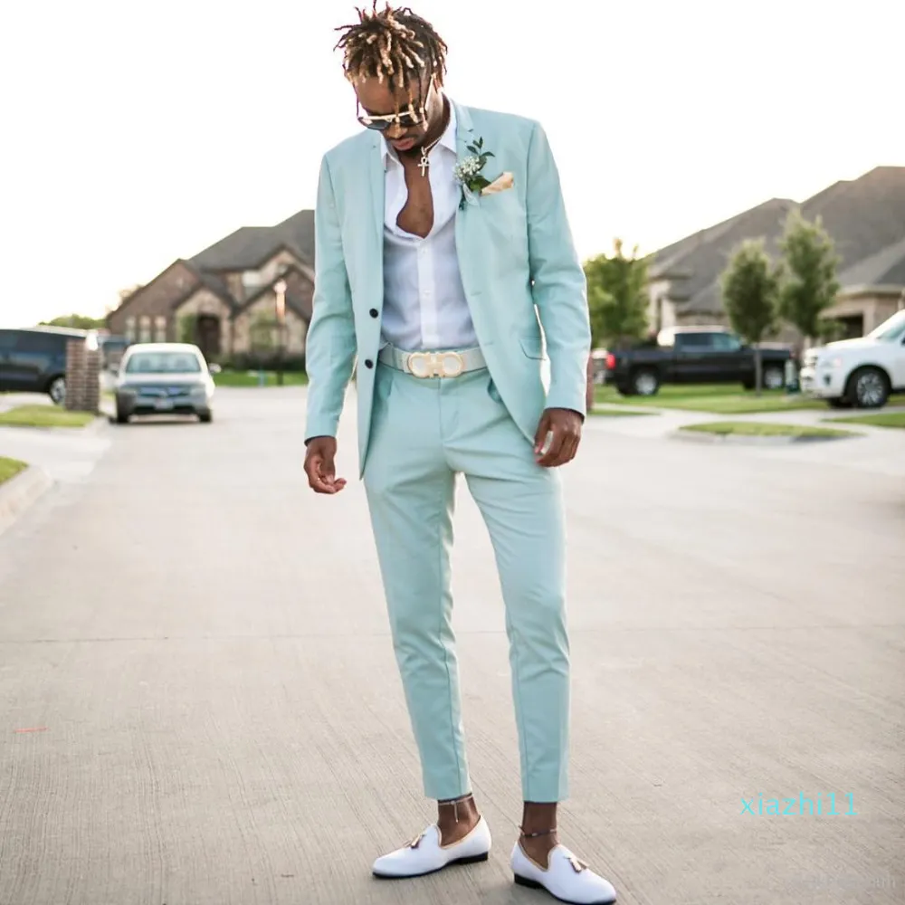 Fashion-Mint Green Mens Suits Slim Fit Two Pieces Beach Groomsmen Wedding Tuxedos For Men Peaked Lapel Formal Prom Suit (Jacket+Pants)