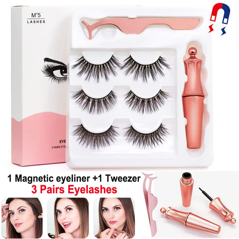 Magnetic Eyelashes with Eyeliner and Tweezer 3 Pairs 5 Magnetic False Eyelashes Liquid Eye liner Makeup Set Reusable eyelash No Glue Needed 2022 Upgrade Mew