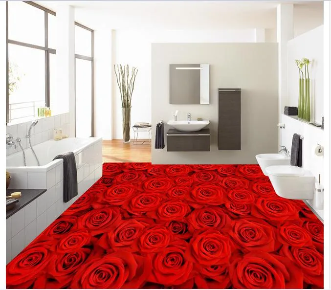 Aangepaste 3D Foto Muurschildering Behang PVC Zelfklevende Waterdichte Vloeren Muursticker 3D Romantisch Rood Rose Floor Decoratie Schilderen