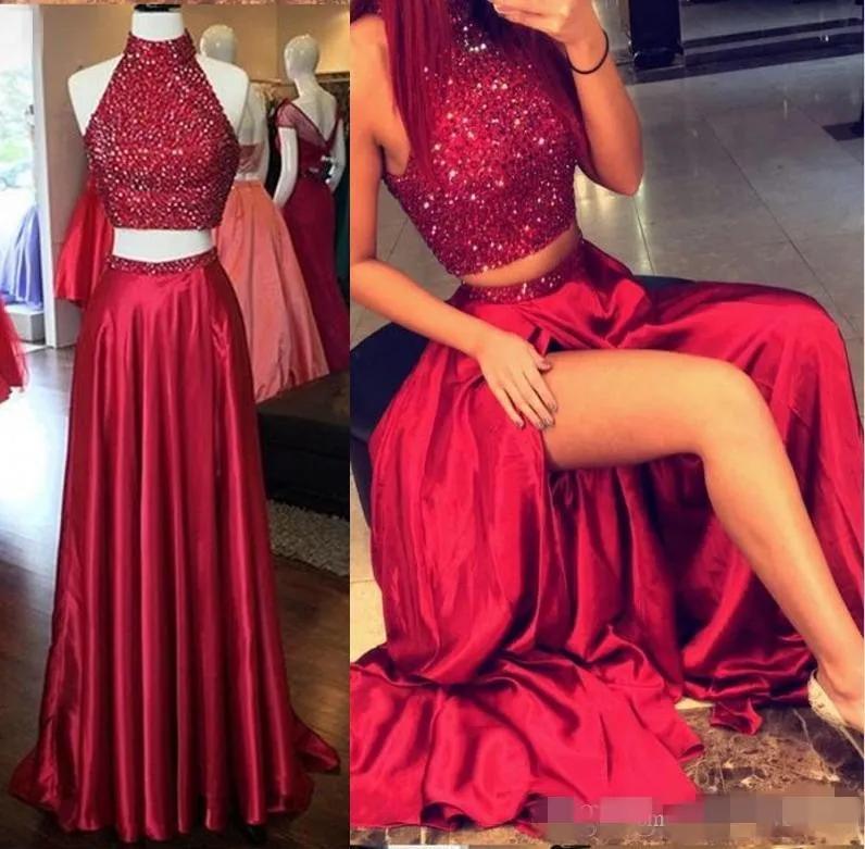 Two Red Piece Prom Dresses Beaded Neck Sequins Elastic Satin High Slit Split Sweep Train Formal Ocn Wear Evening Gowns