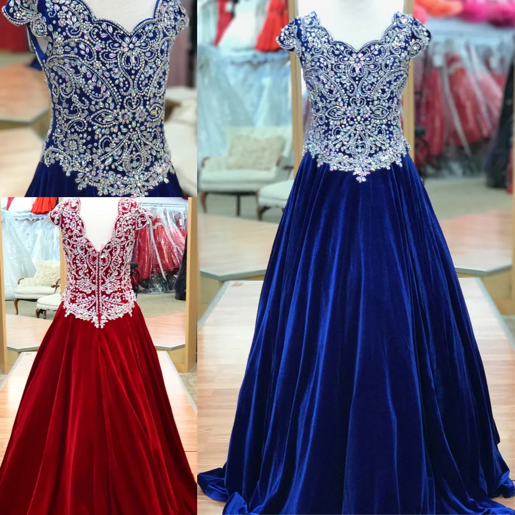 Royal Velvet Pagewet Suknie Dla Nastolatków 2019 Kryształy Kryształy Długie Korowody Suknie na małe dziewczynki Scalloped Neck Red Formal Party Nosić