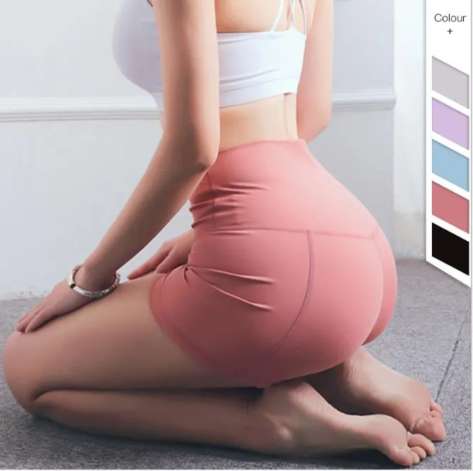 New European and American double-sided brocaded nude fitness shorts,  women's hip lifting, high waist and tight sports Yoga Pants