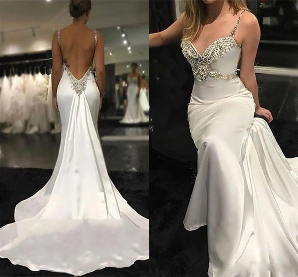 Sexy Mermaid Wedding Dresses Spaghetti Straps Satin Boho Beach Beaded Crystals Bridal Dresses Cheap Wedding Dress Bridal vestidos de novia