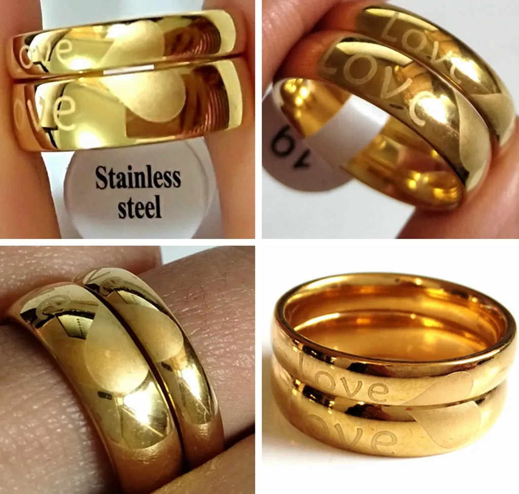 50pcs (25pairs) amantes amor casais anel de ouro 6 milímetros 4 milímetros Dedo inoxidável acoplamento do casamento anel de aço Esposa Marido Namorada Namorado Presente