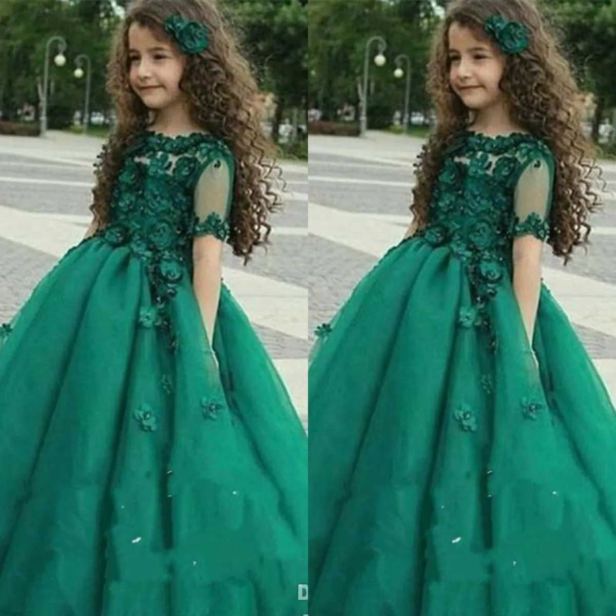 2019 Abiti da spettacolo per ragazze Princess Hunter Green Lace 3D Appliques floreali Maniche corte Flower Girls Dress Tulle Abiti da sposa per bambini