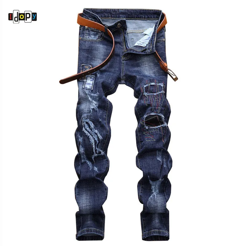 IDOPY Erkek Moda Patchwork Kot Hip Hop Sokak Stil Yokulmuş Vintage Yıkanmış Marka Tasarımcısı Denim Joggers Pantolon Yırtık