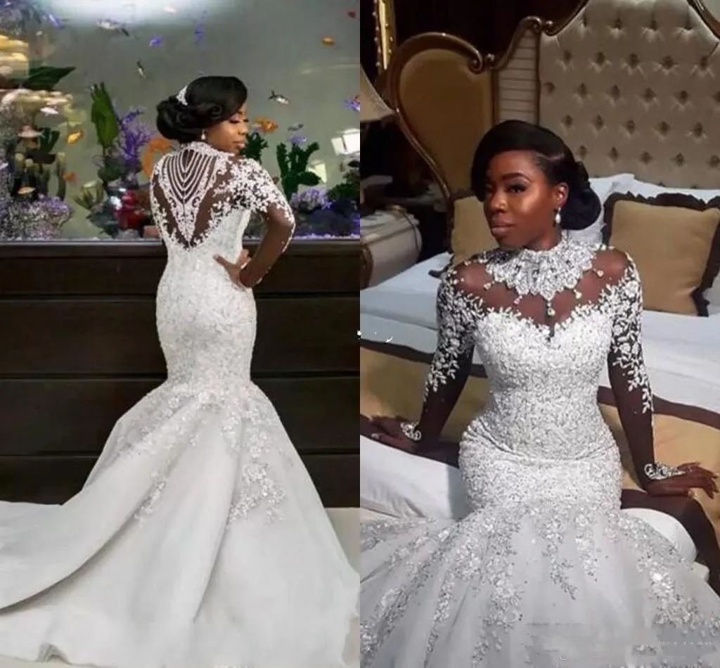 African Dubai Arabic Plus Size Luxury Mermaid Wedding Dresses Sheer Neck Long Sleeve High Neck Crystal Beaded Chapel Train Bridal Gowns