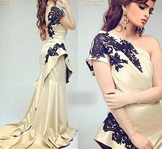 Arabisk klänning för formell händelse One Shoulder Taffeta Champagne Black Appliques Zipper Back Long Prom Dress Evening Gowns Pakistan Klänning 540