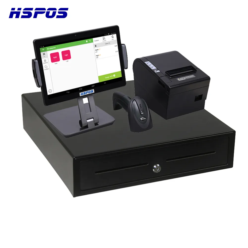 HSPOS 10 인치 안 드 로이드 터치 스크린 포인트 프린터 및 블루투스 바코드 스캐너 및 현금 상자가있는 POS 터미널