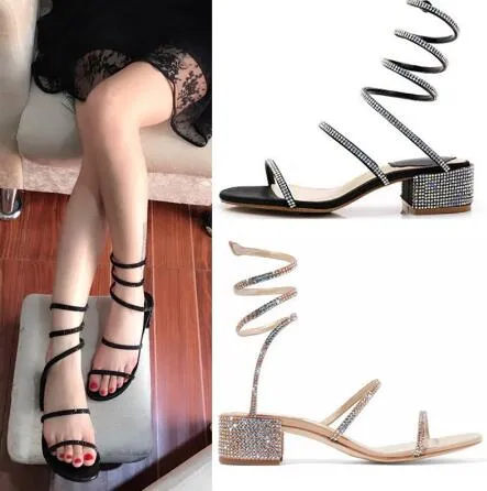 Hot Sale-2018 Young Girls Naken Black Crystal Sandaler Glittrande Strappy Summer Shoes Bohemian Low Chunky Heel Snake Shaped Wedding Shoes