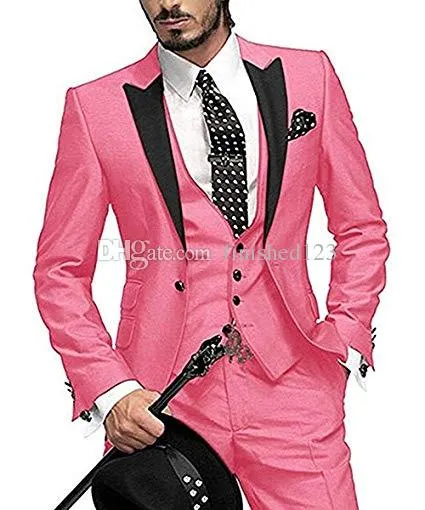 Hög kvalitet en knapp varm rosa bröllop brudgum tuxedos topp lapel groomsmen män formella prom kostymer (jacka + byxor + väst + slips) w202