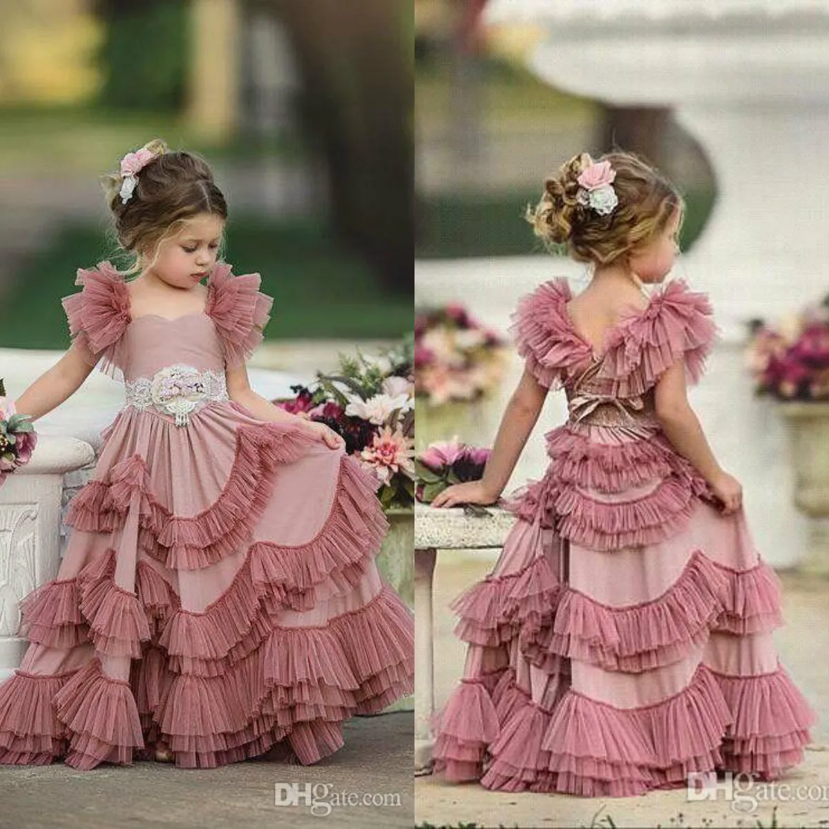 2020 Blumenmädchenkleider mit Flügelärmeln für Hochzeiten, gestufte Kinder-Abschlussballkleider, Spitzenkleid für Mädchen zur Erstkommunion