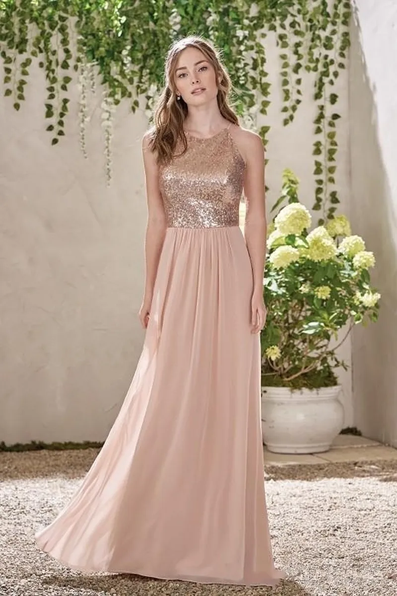 a-line style wedding dress Glitter Rose Gold Plunging Neck A-Line Formal Dress main image 1