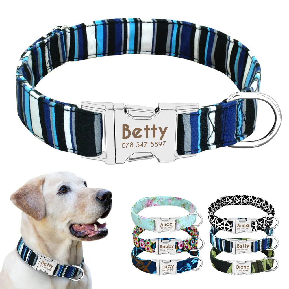 Dog Collar Leashes Collar Nylon Personlig Anpassad ID Tag Collar Graverad Namnskylt Pet Cat Antilost För Små Medium Stor