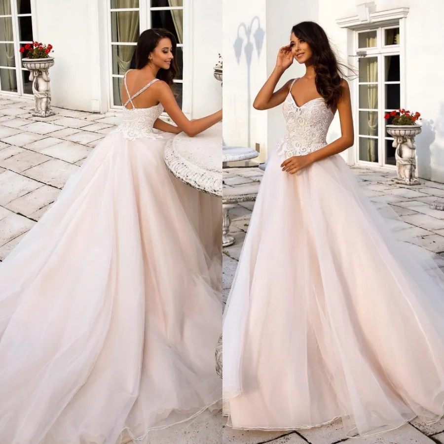 Attraenti abiti da sposa con perline in pizzo senza spalline Abiti da sposa Sweep Train A Line Tulle robe de mari￩e