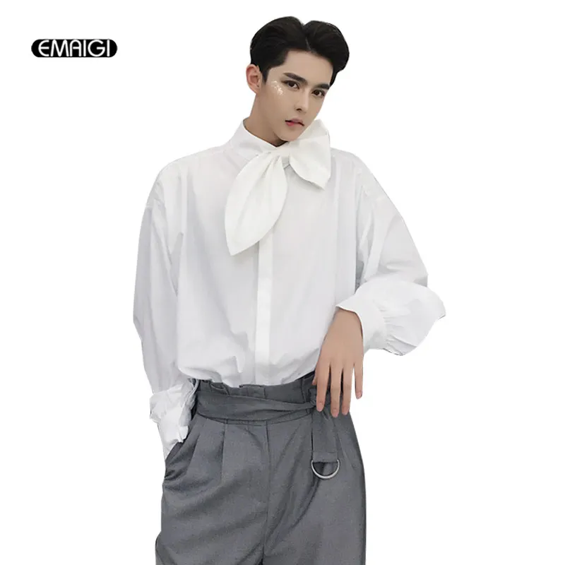 Men Bow Tie Leaf Collar Long Sleeve Shirts Male Fashion Casual Loose Gothic Style Dress Shirts Stage Costumes