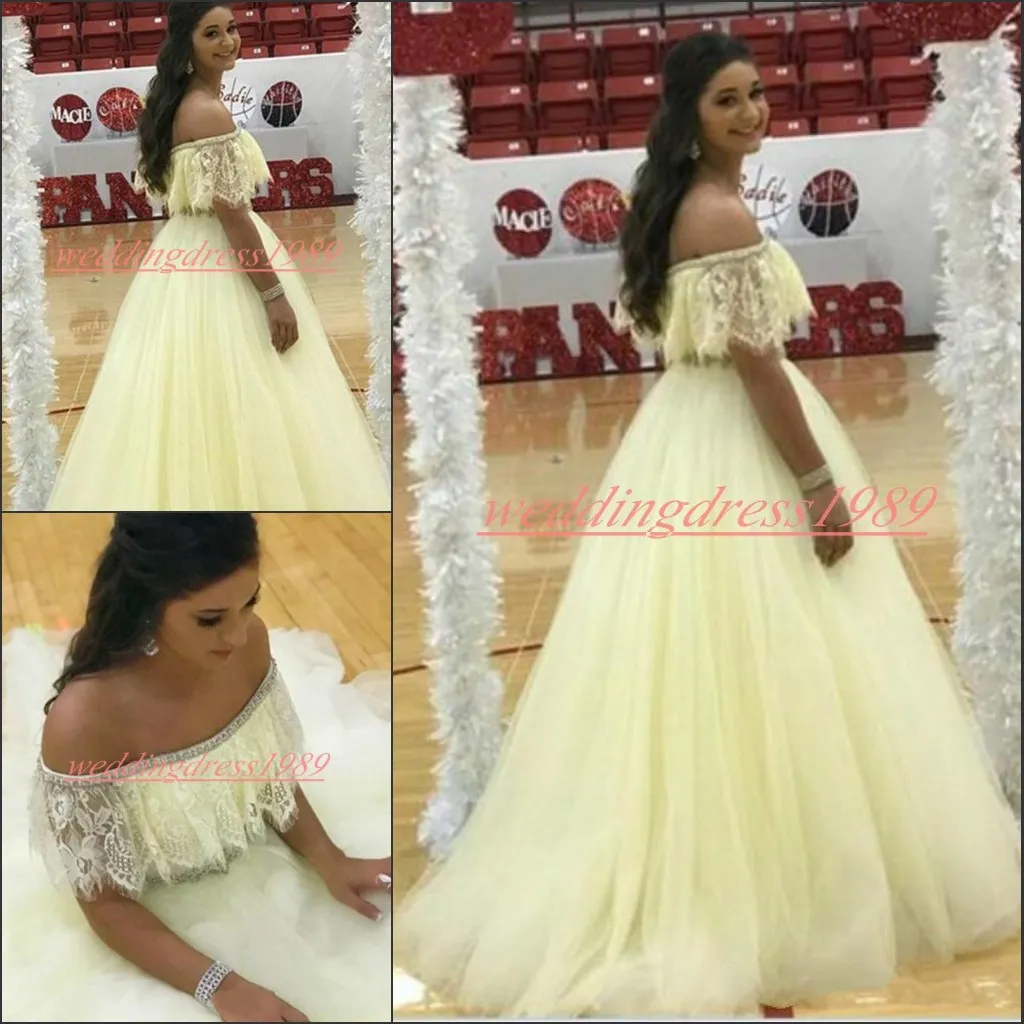 Prachtige gele kant quinceanera jurken bal 2019 bateau nek A-lijn mouwloze plus size meisje prom feestjurk formele jurken sweep lengte