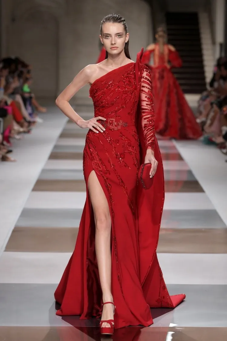 Czerwony Ziad Nakad Mermaid Cekinowy Suknie Wieczorowe Jedno Ramię Długie Rękawy Appliqued Plus Size Prom Suknie Sweep Side Side Split Formalna Suknia