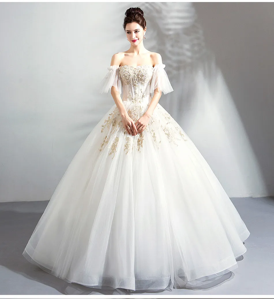 2019 New Arrival Gold Lace Ball Gown Arabic Wedding Dress off the Shoulder Dubai Arabic Women Princess Non White Bridal Gowns