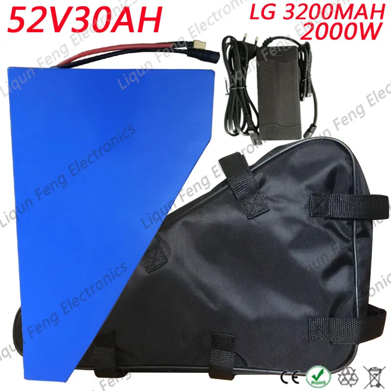 Bezpłatna torba na baterii 52V 30AH E-rowerowy Lithubatter Pack 52V2000W Trójkąt Używać do komórki LG 3200 mAh z 50a BMS i ładowarką.