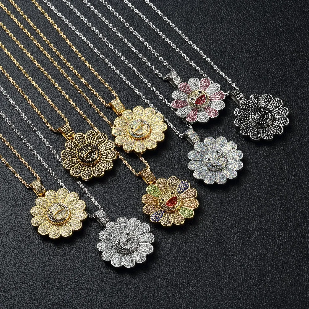 Sunflower Gold Flower Pendant For Men Iced Out Hip Hop Jewelry 