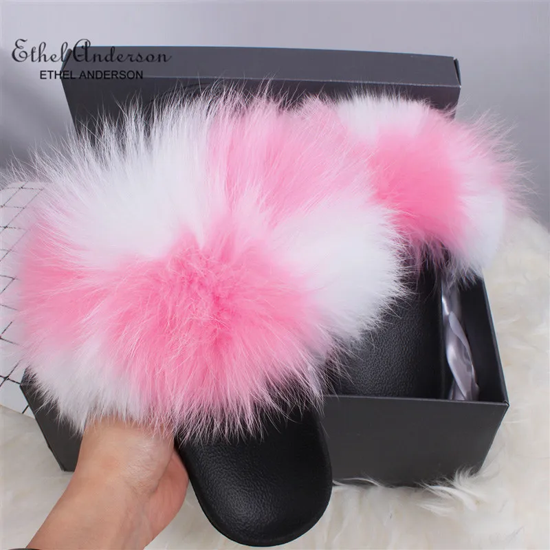 ETHEL ANDERSON Fur chinelos mulheres reais Fox Fur Slides Furry Sandálias Flat Female Shoes fofa S20331