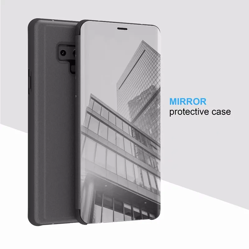 Officiell Smart Window Wake Up Flip Case Mirror Läder Plånbok Väska till iPhone XR XS Max för Samsung Galaxy Note 9 S10 PLUS E