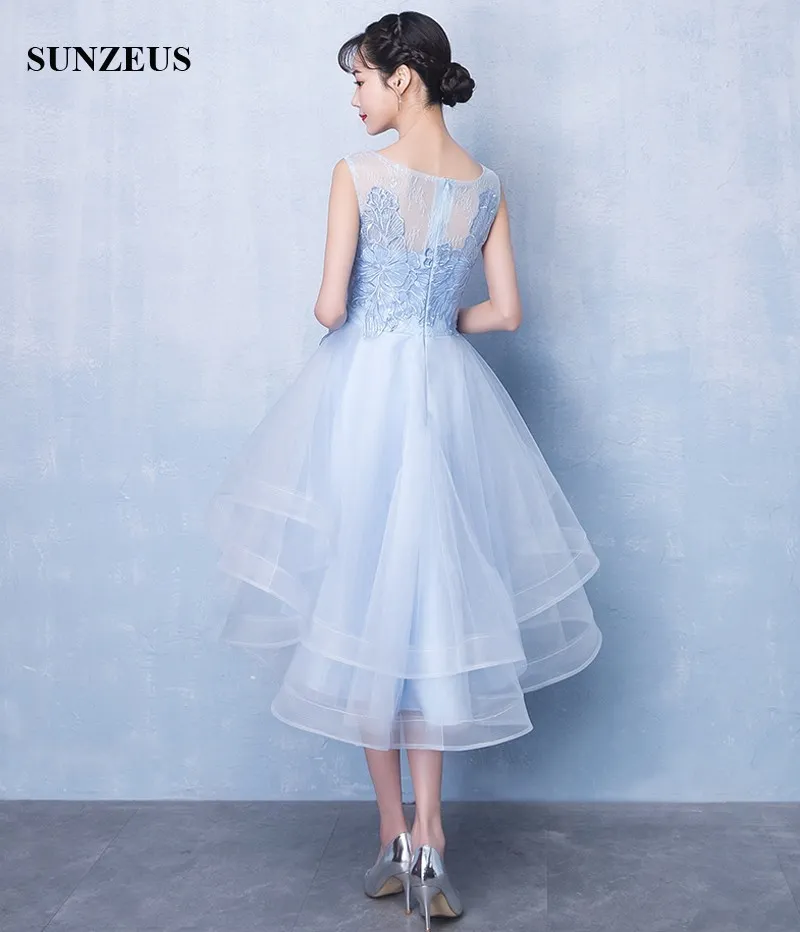 Sky Blue Graduation Dresses High Low Party Dress With Lace Bodice
