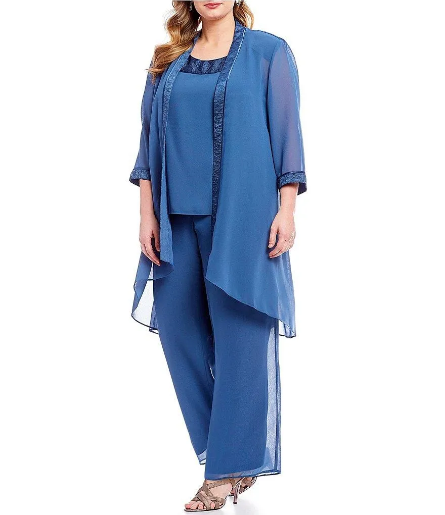 Elegant Plus Size Chiffon Pant Suits for Mother of the Bride with Jacket -  Wedding Guest Outfit