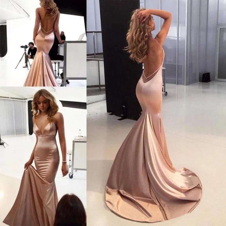 Elegancka Rose Gold Mermaid Prom Dresses Spaghetti Backless V Neck Red Carpet Dress Prom Suknie Wieczorne Party Dress Vestidos De Festa Dostosuj