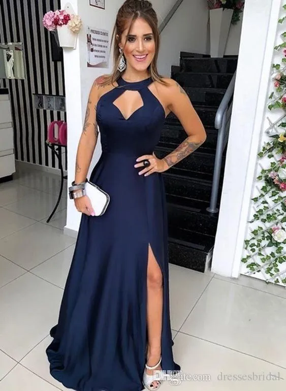 women's royal blue formal dress Navy A-Line Halter Neck Long Satin Prom Dresses – luladress